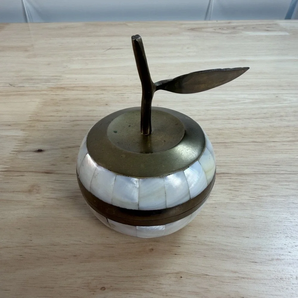 Vintage 90's Brass & Mother of Pearl Apple Shaped Trinket Box India